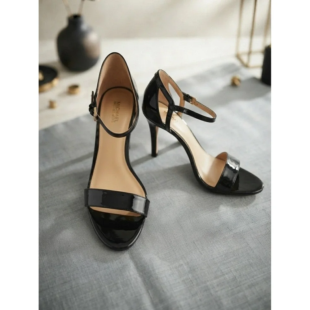 Michael Kors Black Patent Leather Stiletto Ankle Strap Sandals Heels Womens 7M